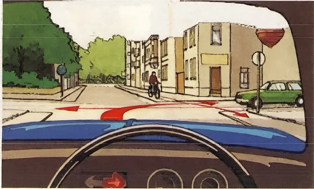 Driver's view at a junction with a cyclist on the left and a green car on the right
